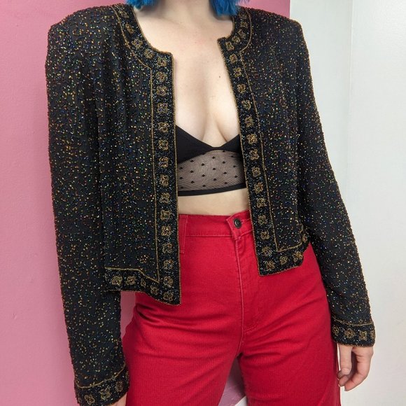 Adrianna Papell Jackets & Blazers - Vintage 90s Black & Multi Color Heavily Beaded Evening Jacket